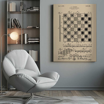 A framed vintage patent illustration for a Checker and Chess Board by J.F. Truskoski, dated 1923. The technical drawing is in black ink on aged beige paper and shows various diagrams of the game board and pieces, complete with labels and signatures. Artwork