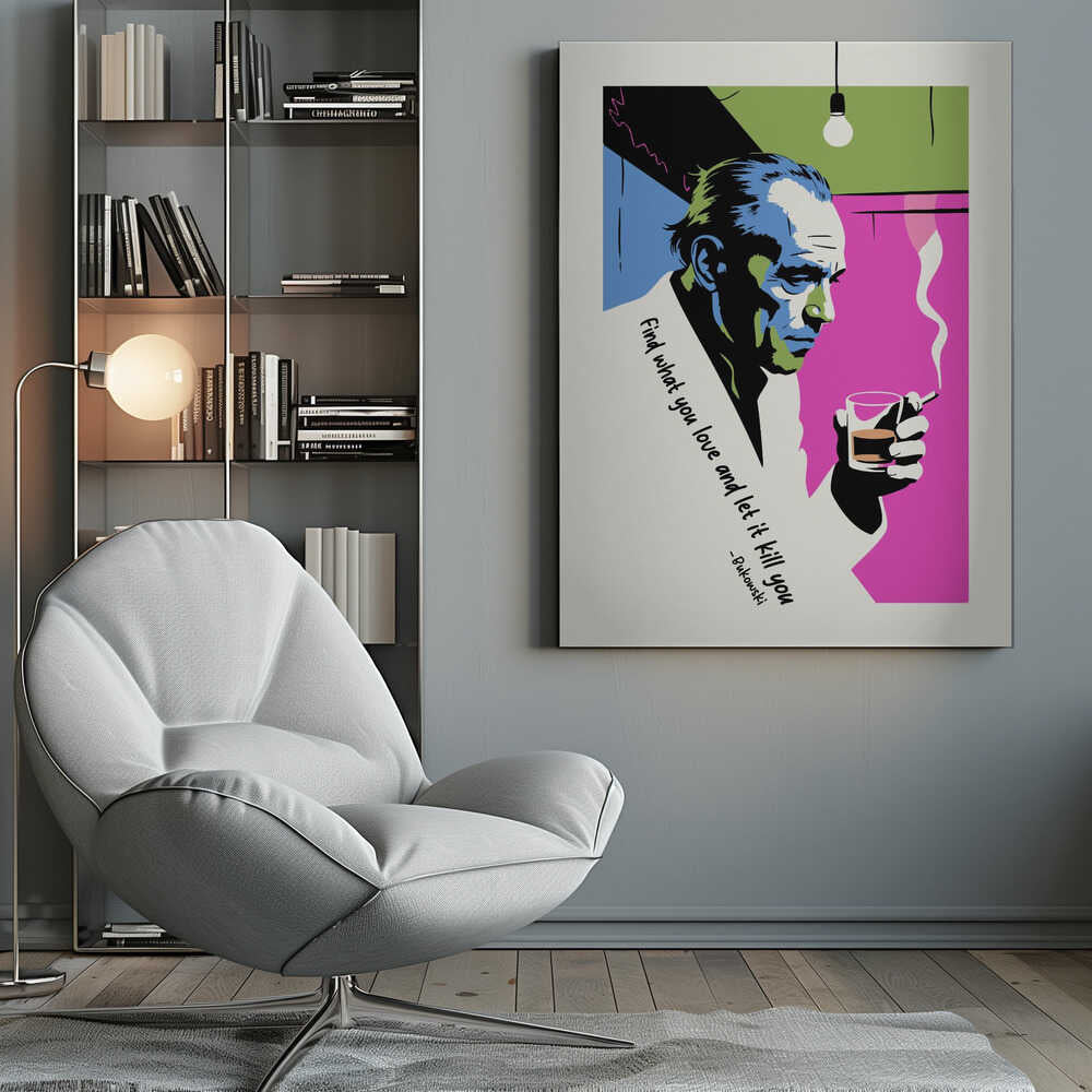 A pop art style poster of writer Charles Bukowski looking down while holding a glass of whiskey and a smoking cigarette. The background features bold color blocks of magenta, blue, and green, and the poster includes his quote, 'Find what you love and let it kill you.' Print