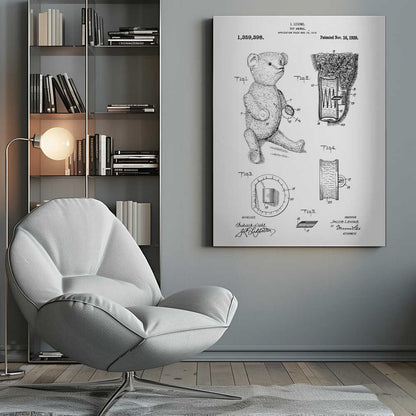 A framed black and white print of a US patent for a 'Toy Animal' by J. Levine, dated November 16, 1920. The illustration features multiple figures, including a full drawing of a teddy bear and detailed cross-sections of its internal mechanisms. Artwork