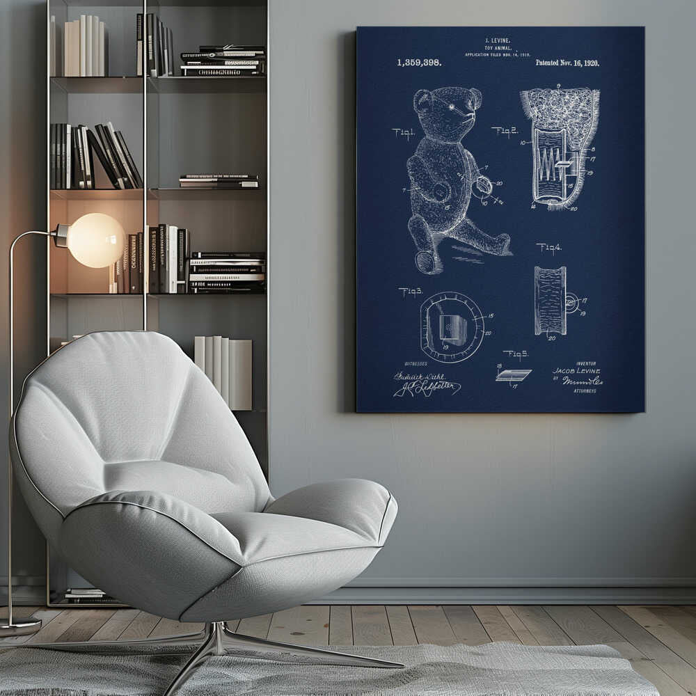 A framed vintage patent blueprint for a toy animal, specifically a teddy bear. The poster is dark blue with white line drawings and text, showing various figures and cross-sections of the bear and its internal mechanisms. Text at the top reads 'J. Levine, Toy Animal, Patented Nov. 16, 1920'. Wall Art
