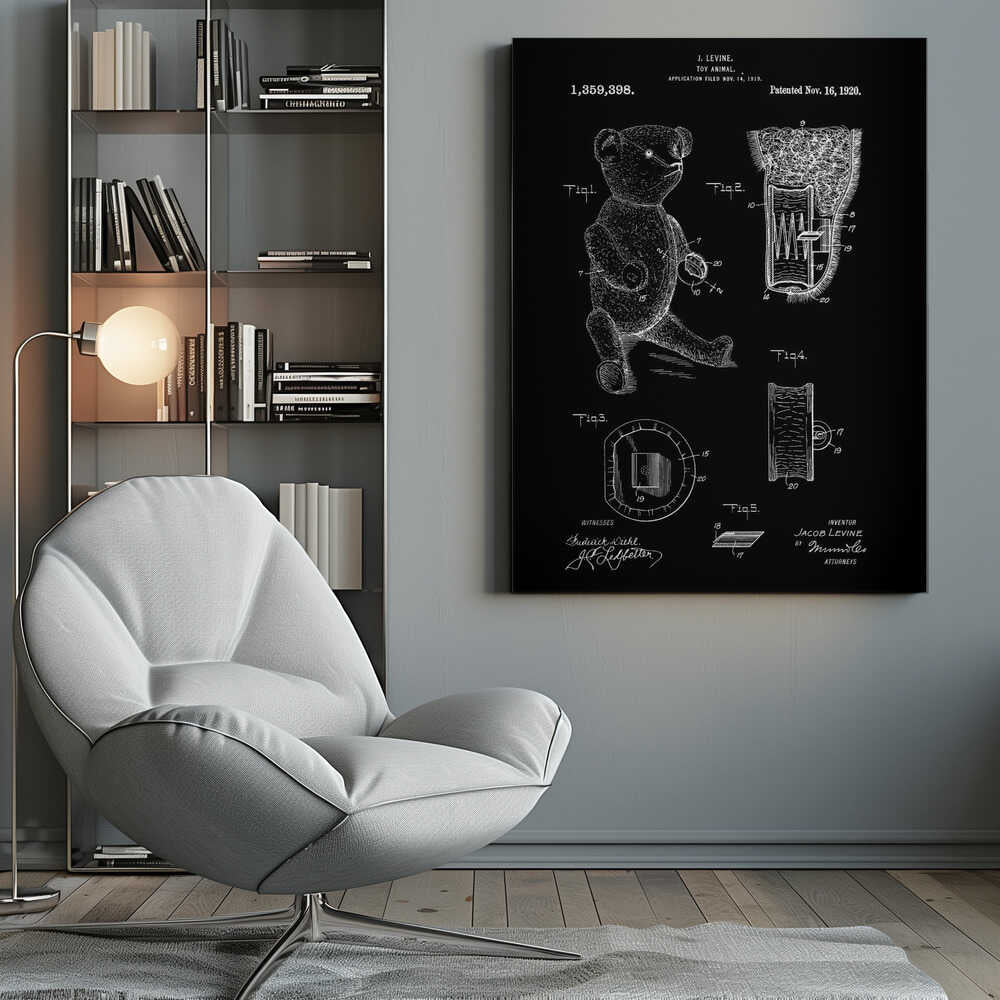 A framed vintage patent illustration for a toy animal, dated November 16, 1920. The technical drawing is presented in white on a black background, showing a teddy bear and detailed cross-sections of its internal mechanisms. Artwork