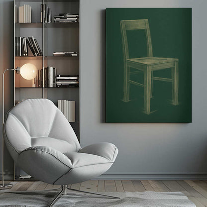 A sketched illustration of a simple wooden chair in a light yellow-green color against a dark green background, resembling a chalk drawing on a chalkboard. The artwork is enclosed in a thin black frame. Wall Art