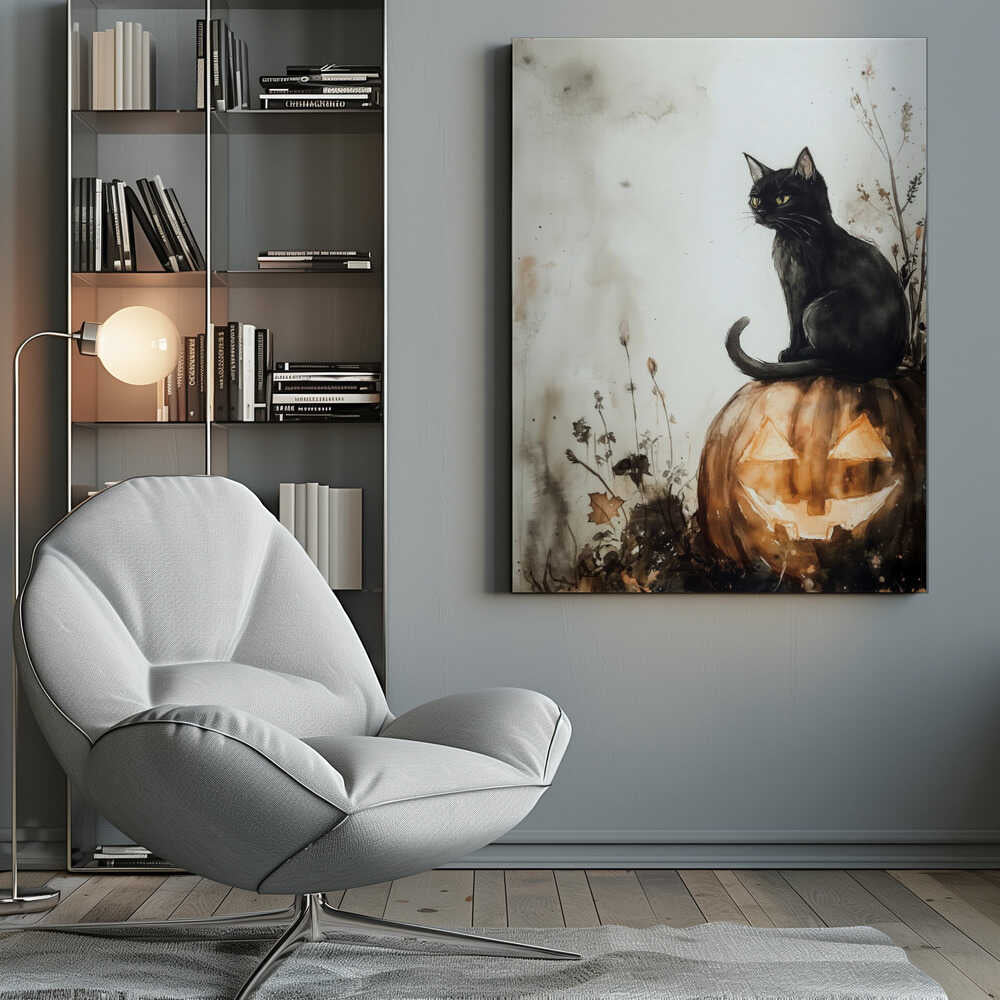 A watercolor style illustration of a black cat with bright yellow eyes sitting on top of a carved pumpkin. The jack-o'-lantern has a wide grin and is glowing from within. The background is a muted, off-white with grey and brown washes, and some dark foliage is visible around the base of the pumpkin. Poster