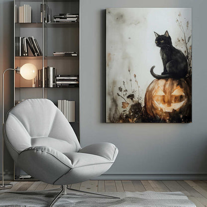 A watercolor style illustration of a black cat with bright yellow eyes sitting on top of a carved pumpkin. The jack-o'-lantern has a wide grin and is glowing from within. The background is a muted, off-white with grey and brown washes, and some dark foliage is visible around the base of the pumpkin. Poster