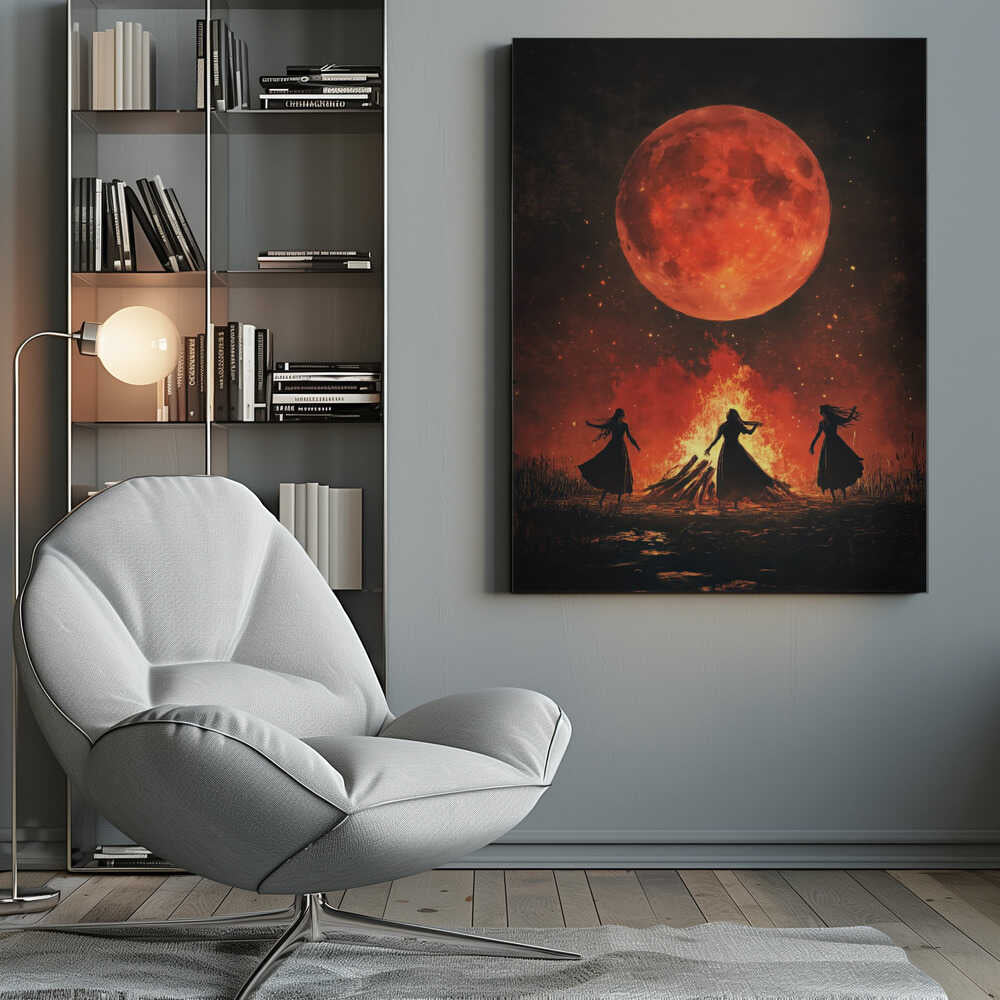 A dramatic painting of three silhouetted women in long dresses dancing around a large bonfire at night. Above them, a massive, textured, blood-red full moon hangs in a dark sky filled with embers and stars. Print