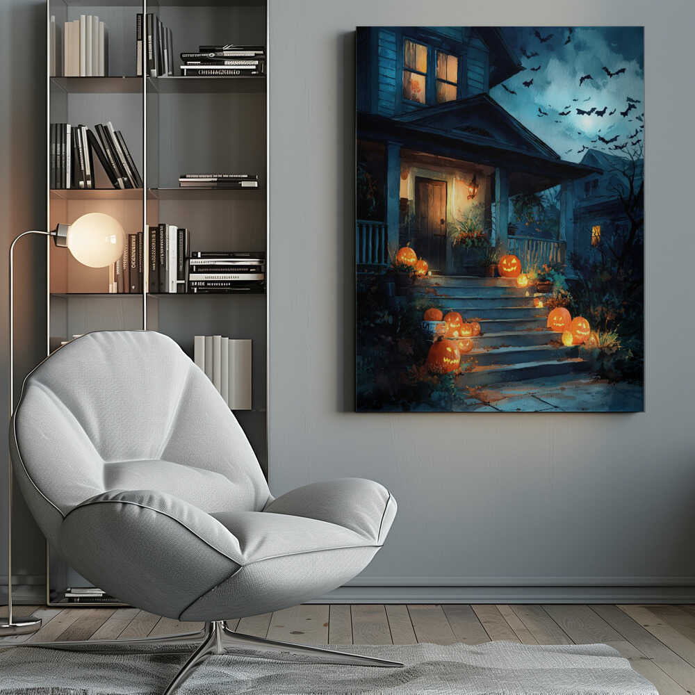 A painterly illustration of a blue house decorated for Halloween at night. Glowing jack-o'-lanterns line the front steps leading to a warmly lit porch. A swarm of bats flies across the dark, moonlit sky. Artwork
