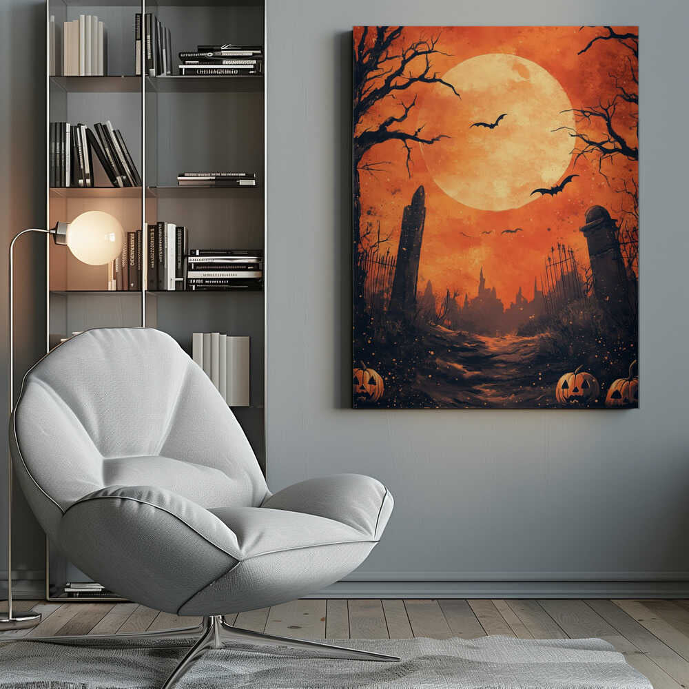 A spooky Halloween illustration of a path leading through a dark graveyard under a large, glowing full moon. Bats fly across the orange sky, silhouetted by the moon, while bare, gnarled trees and ancient tombstones frame the scene. In the foreground, carved jack-o'-lanterns glow menacingly. Artwork