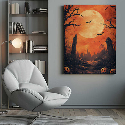A spooky Halloween illustration of a path leading through a dark graveyard under a large, glowing full moon. Bats fly across the orange sky, silhouetted by the moon, while bare, gnarled trees and ancient tombstones frame the scene. In the foreground, carved jack-o'-lanterns glow menacingly. Artwork