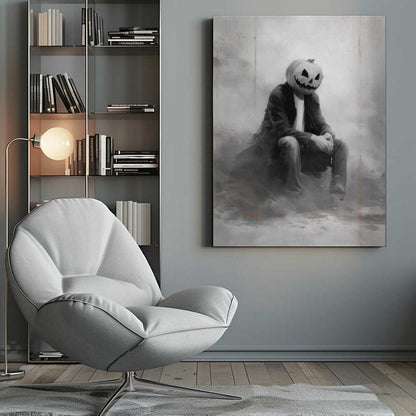 A moody, black and white painting of a person with a carved jack-o'-lantern for a head, sitting down in a foggy, indistinct environment. The figure is wearing a dark coat, white t-shirt, and jeans, with their hands clasped in their lap. Wall Art