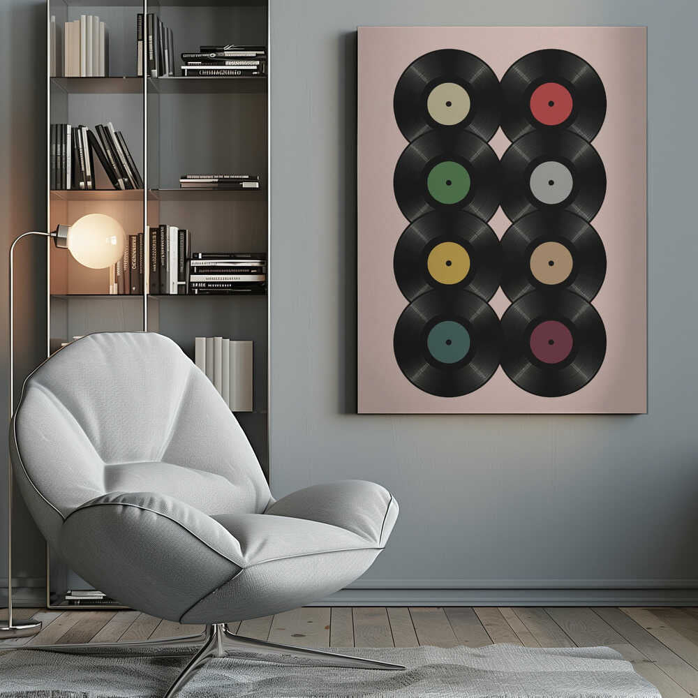 A graphic art print featuring eight black vinyl records arranged in two columns of four against a pale pink background. Each record has a different solid-colored label, creating a colorful and retro pattern. The artwork is enclosed in a simple black frame. Artwork