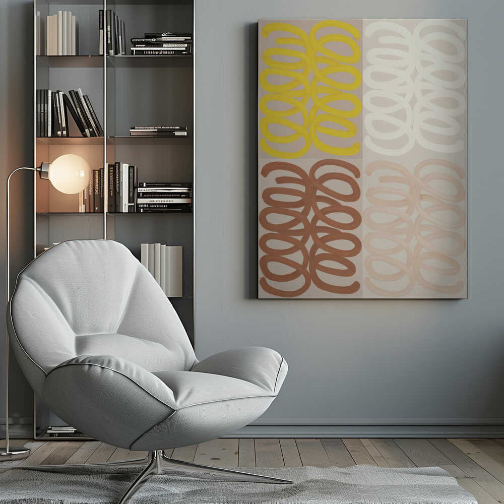 A modern abstract painting in a black frame, divided into four quadrants. Each quadrant features repeating, hand-painted coil patterns: yellow in the top left, off-white in the top right, rust brown in the bottom left, and pale peach in the bottom right, all set against a neutral beige background. Wall Art