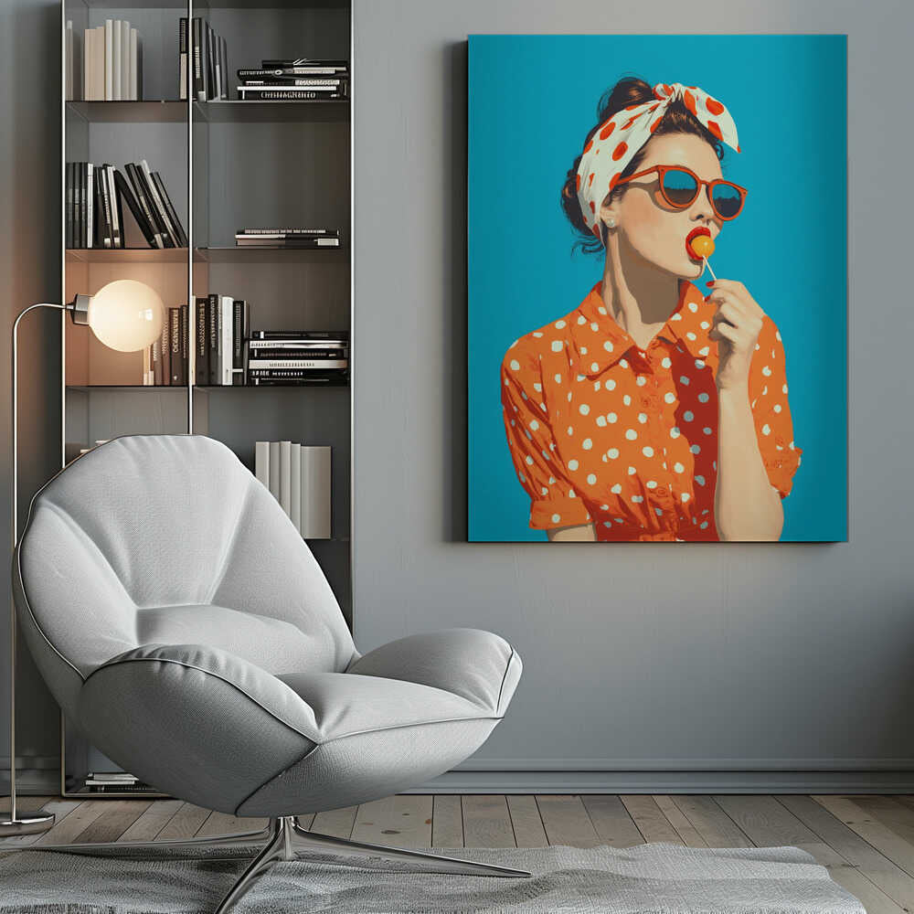 A pop art style illustration of a woman in a red and white polka dot headband and orange sunglasses, licking a yellow lollipop. She is wearing an orange and white polka dot collared shirt against a solid bright blue background, all within a black frame. Artwork