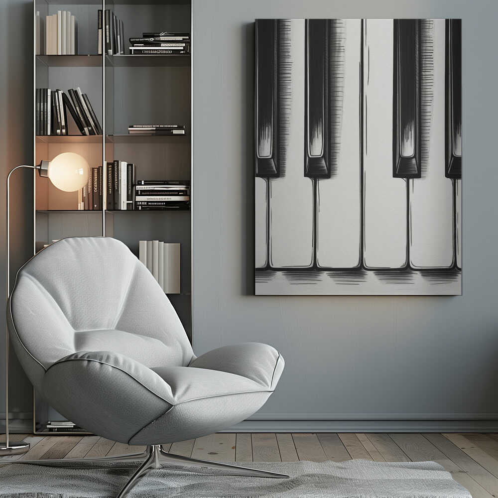 A stylized, close-up illustration of black and white piano keys. The artwork is rendered in a graphic, sketch-like style with bold black outlines and hatched shading. The vertical composition is tightly framed in black, focusing on a small section of the keyboard. Print