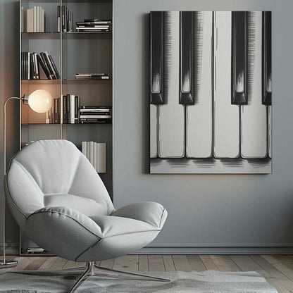 A stylized, close-up illustration of black and white piano keys. The artwork is rendered in a graphic, sketch-like style with bold black outlines and hatched shading. The vertical composition is tightly framed in black, focusing on a small section of the keyboard. Print