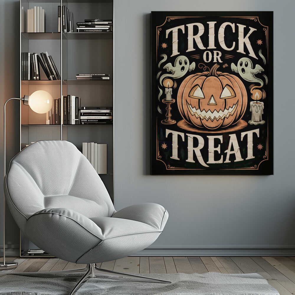 A vintage-style Halloween poster featuring the words 'Trick or Treat'. A large, smiling jack-o'-lantern sits in the center, flanked by two floating ghosts and two lit candles. The background is black with a decorative orange border and small stars. Wall Art