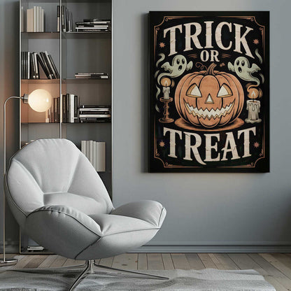 A vintage-style Halloween poster featuring the words 'Trick or Treat'. A large, smiling jack-o'-lantern sits in the center, flanked by two floating ghosts and two lit candles. The background is black with a decorative orange border and small stars. Wall Art