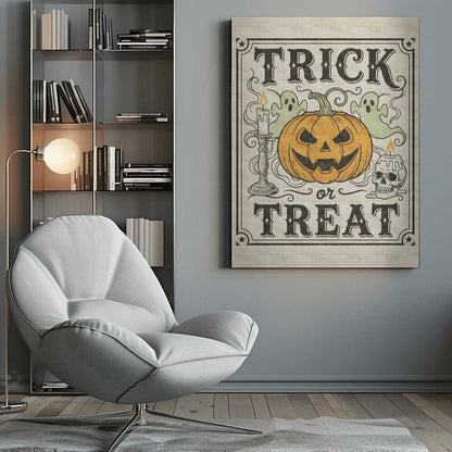 A vintage-style Halloween art print with the words 'TRICK or TREAT' in a stylized black font. In the center is a large orange jack-o'-lantern flanked by two small green ghosts, a lit candle in a candlestick, and a lit candle on a skull. The background is a distressed cream color, and the entire image is enclosed in a decorative border with stars in the corners. Poster