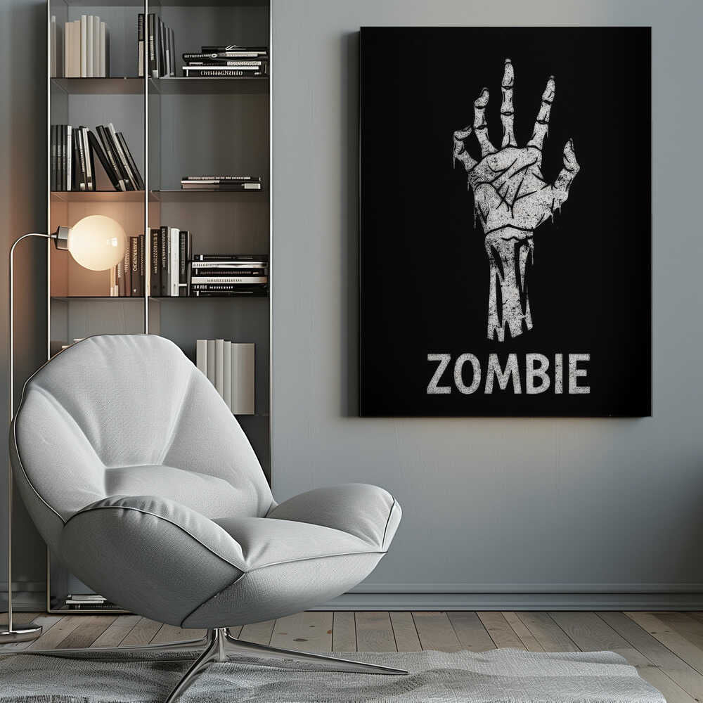 A black and white graphic of a distressed, skeletal zombie hand reaching up against a solid black background. Below the hand, the word 'ZOMBIE' is written in a bold, distressed font. The entire image is bordered by a thin black frame. Decor