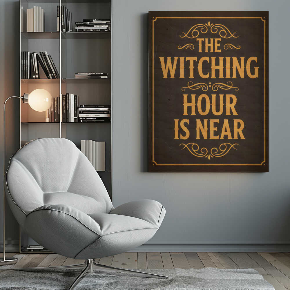 A framed vintage-style sign with a dark brown, distressed background. In a bold, golden-yellow serif font, the text reads 'THE WITCHING HOUR IS NEAR'. The text is adorned with ornate, swirling flourishes above, between, and below the lines. A thin golden-yellow border frames the entire design. Poster