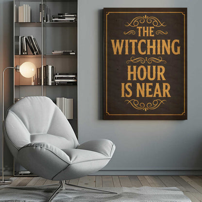 A framed vintage-style sign with a dark brown, distressed background. In a bold, golden-yellow serif font, the text reads 'THE WITCHING HOUR IS NEAR'. The text is adorned with ornate, swirling flourishes above, between, and below the lines. A thin golden-yellow border frames the entire design. Poster