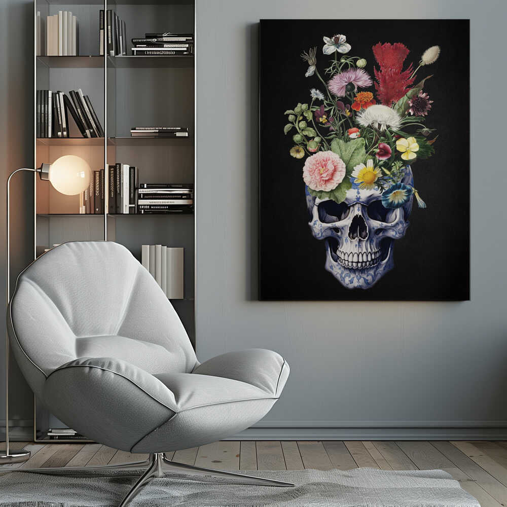 A detailed painting of a human skull that serves as a vase for a vibrant bouquet of flowers. The skull is adorned with a blue and white porcelain-like pattern, and the overflowing flowers include pink peonies, red cockscomb, and yellow daisies against a solid black background. Poster