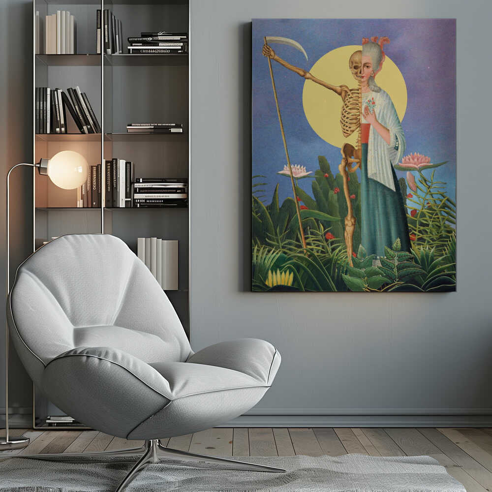 A surrealist painting of a figure split down the middle: one half is an elegant 18th-century woman, the other a skeleton. The composite figure, resembling the Grim Reaper, holds a scythe and stands in a lush green jungle under a large yellow moon against a blue night sky. Decor