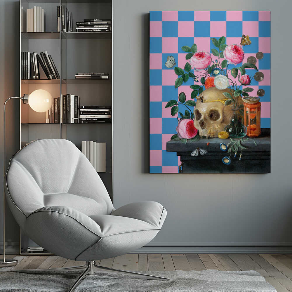 A classic vanitas still life painting juxtaposed with a modern, bright pink and blue checkerboard background. The composition features a golden skull surrounded by vibrant pink roses, butterflies, an hourglass, and coins on a dark stone table. Poster