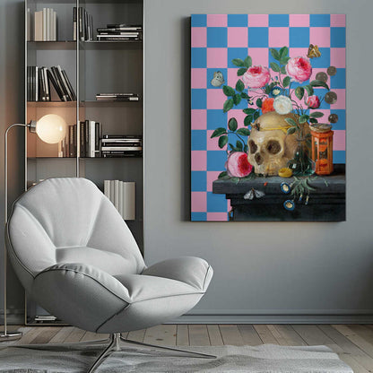 A classic vanitas still life painting juxtaposed with a modern, bright pink and blue checkerboard background. The composition features a golden skull surrounded by vibrant pink roses, butterflies, an hourglass, and coins on a dark stone table. Poster