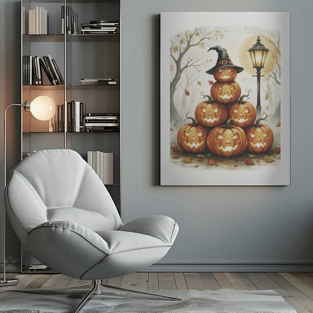 A whimsical watercolor painting of a pyramid of seven glowing jack-o'-lanterns. The top pumpkin sports a black witch's hat. An old-fashioned lamppost illuminates the spooky scene, set in a misty forest with bare trees and falling autumn leaves. Print
