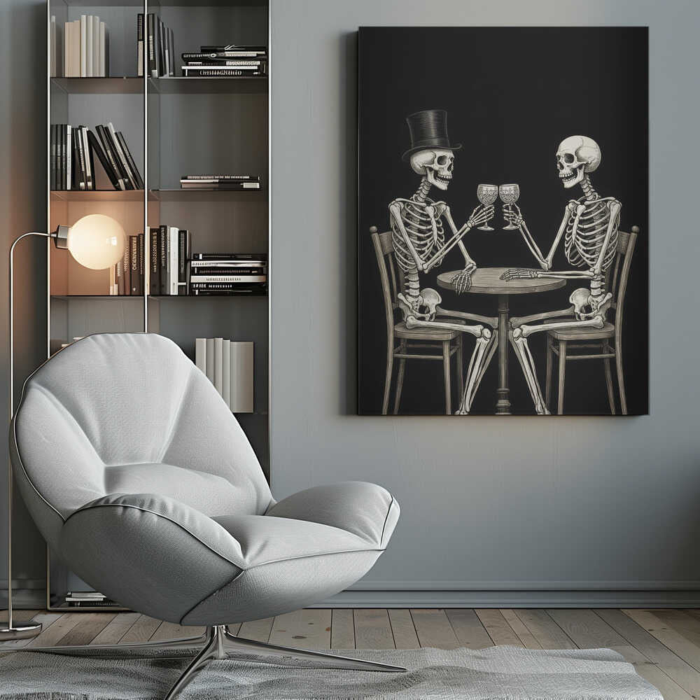 A vintage-style black and white illustration of two skeletons sitting at a round table, toasting each other with wine glasses. One skeleton wears a black top hat, and the background is solid black. Decor
