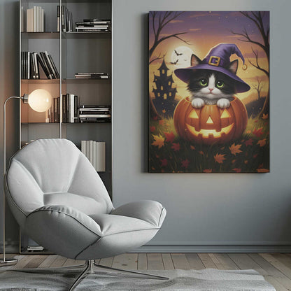 A cute black and white kitten with big green eyes wears a purple witch hat while peeking out from inside a glowing jack-o'-lantern. The scene is set at dusk during Halloween, with a haunted house, a full moon, and bats in the background. Poster