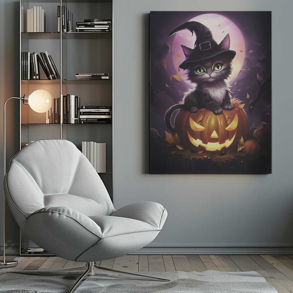 A whimsical painting of a cute black kitten with bright green eyes wearing a witch's hat, sitting on top of a glowing jack-o'-lantern. In the background is a large purple full moon and falling autumn leaves, creating a magical Halloween scene. Print