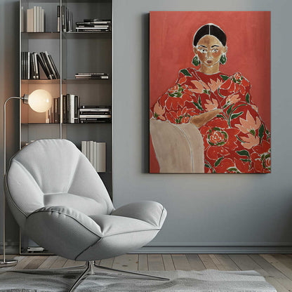 Modern portrait painting of a woman in a red floral dress with green earrings against a bold red background.