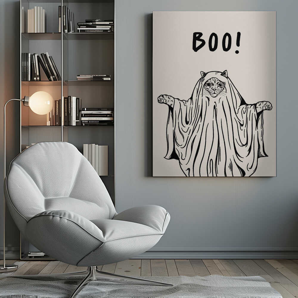 A minimalist black and white line drawing of a cat in a ghost costume. The cat's face peeks out from under a sheet, and its paws are held out to the sides. Above its head, the word 'BOO!' is written in a playful, hand-drawn font. Artwork