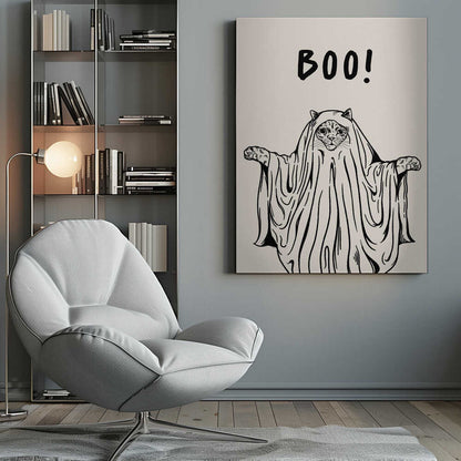 A minimalist black and white line drawing of a cat in a ghost costume. The cat's face peeks out from under a sheet, and its paws are held out to the sides. Above its head, the word 'BOO!' is written in a playful, hand-drawn font. Artwork