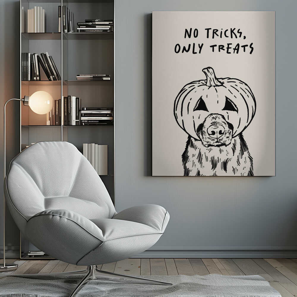 A black and white line drawing of a fluffy dog wearing a carved jack-o'-lantern on its head, with its snout and nose poking through a hole. Above the illustration, the phrase 'NO TRICKS, ONLY TREATS' is written in a casual, handwritten font. The artwork has a simple, minimalist style and is set against a cream-colored background within a black frame. Poster