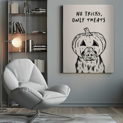 A black and white line drawing of a fluffy dog wearing a carved jack-o'-lantern on its head, with its snout and nose poking through a hole. Above the illustration, the phrase 'NO TRICKS, ONLY TREATS' is written in a casual, handwritten font. The artwork has a simple, minimalist style and is set against a cream-colored background within a black frame. Poster