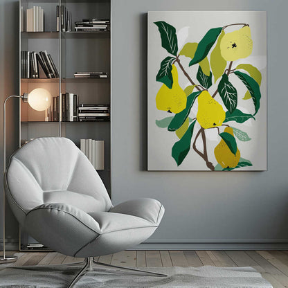 A modern graphic illustration of a pear tree branch heavy with ripe yellow pears. The composition features bold dark green and lighter green leaves against a soft, light grey background, all enclosed in a thin black frame. Artwork