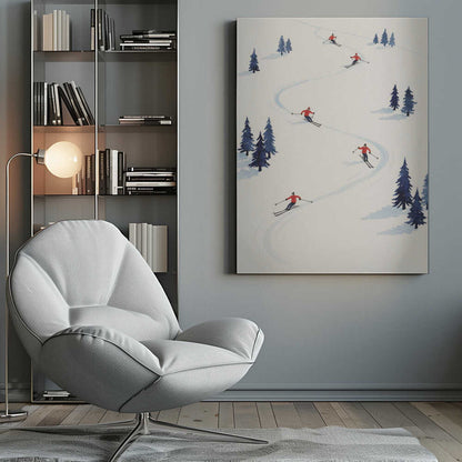 A minimalist illustration of several skiers in red jackets skiing down a wide, snow-covered slope, weaving between small clusters of blue pine trees. The scene is depicted from an overhead angle within a black frame. Artwork