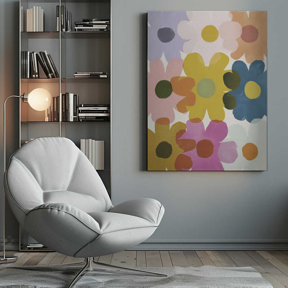 A colorful abstract painting of overlapping, stylized flowers in shades of yellow, blue, pink, orange, and purple. The simple, rounded flower shapes are semi-transparent, creating new colors where they overlap against a light background, all within a thin black frame. Decor