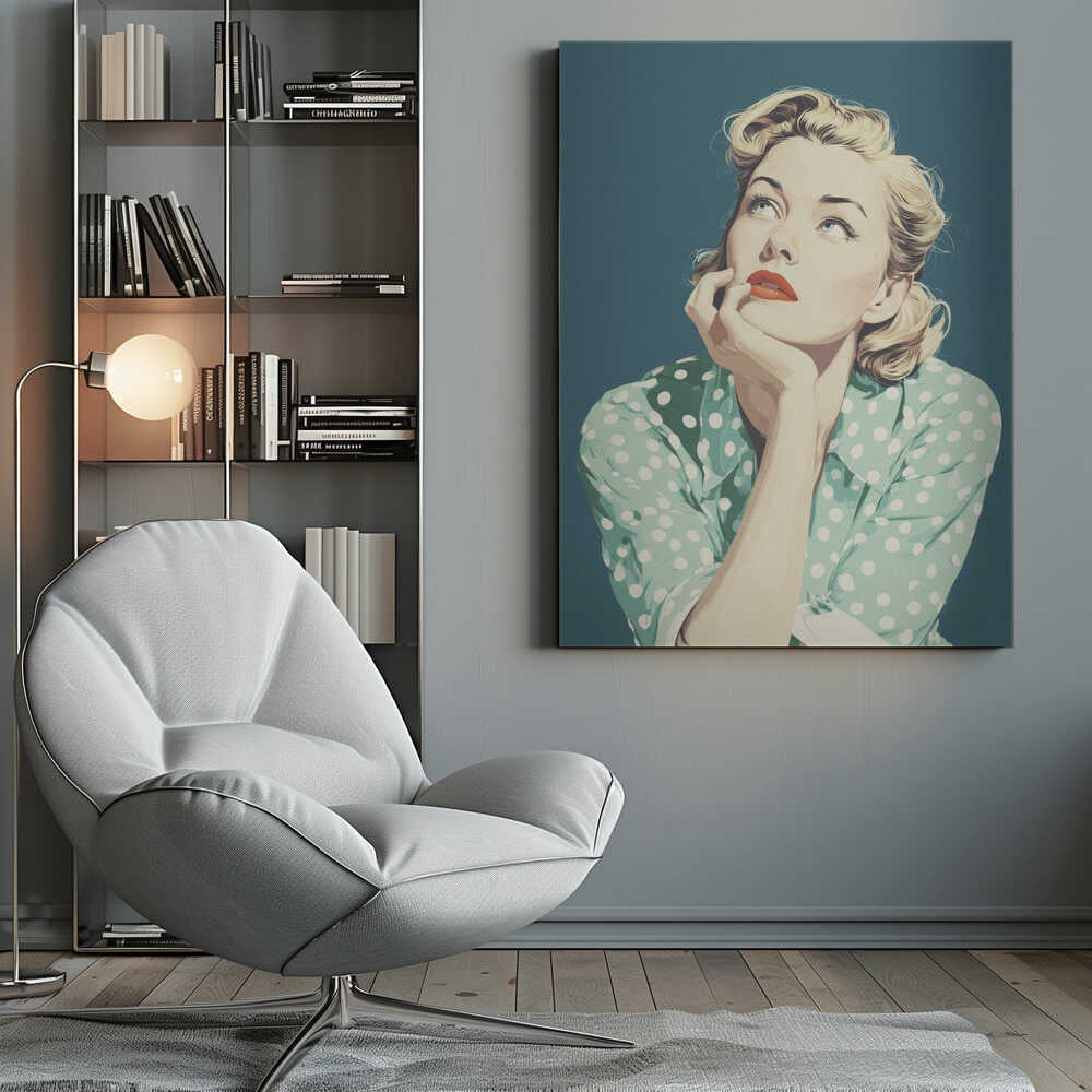 A vintage-style illustration of a blonde woman with red lipstick, wearing a green and white polka dot shirt. She is looking up thoughtfully with her chin resting on her hand against a solid teal blue background. Print