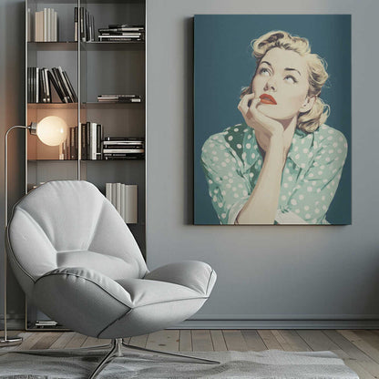 A vintage-style illustration of a blonde woman with red lipstick, wearing a green and white polka dot shirt. She is looking up thoughtfully with her chin resting on her hand against a solid teal blue background. Print