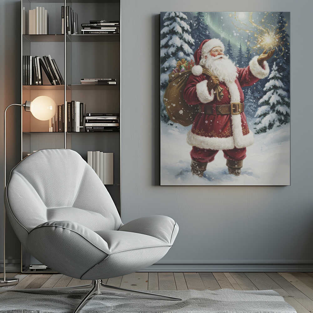 A classic painted portrait of Santa Claus in a red suit standing in a snowy evergreen forest at night. He holds a large sack of presents over his shoulder and looks up at a magical golden sparkler of light floating above his open palm. Print
