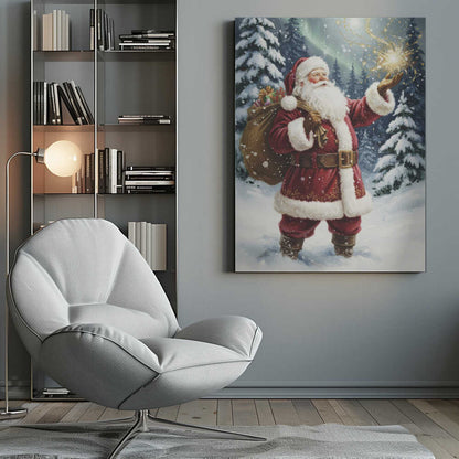 A classic painted portrait of Santa Claus in a red suit standing in a snowy evergreen forest at night. He holds a large sack of presents over his shoulder and looks up at a magical golden sparkler of light floating above his open palm. Print