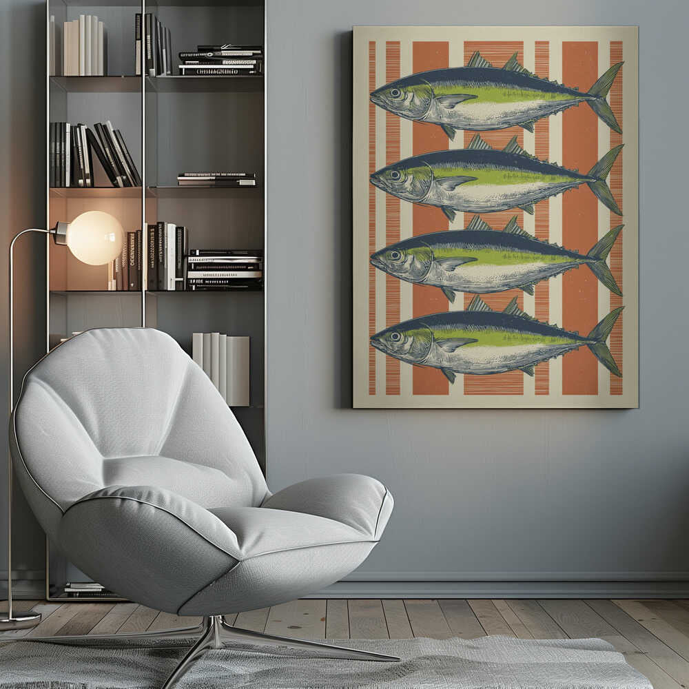 A vintage-style illustration of four identical fish, likely tuna, stacked horizontally against a background of vertical orange and off-white stripes. The fish are colored with blue backs, a lime green stripe, and a white underbelly, rendered in a detailed, retro print style. Print