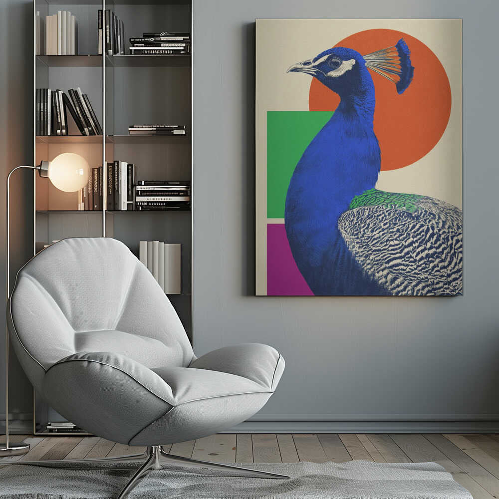 A modern graphic art poster featuring a profile view of a royal blue peacock against a cream-colored background with large geometric shapes, including an orange circle, a green rectangle, and a magenta rectangle. Wall Art