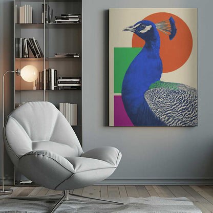 A modern graphic art poster featuring a profile view of a royal blue peacock against a cream-colored background with large geometric shapes, including an orange circle, a green rectangle, and a magenta rectangle. Wall Art