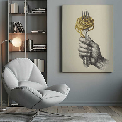 A vintage-style illustration of a hand rendered in black ink holding an ornate fork. A large portion of golden-yellow spaghetti is twirled around the tines of the fork. The image is on a cream-colored background and is displayed in a simple black frame. Poster