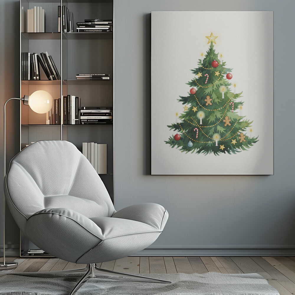 A watercolor illustration of a decorated Christmas tree against a white background, framed in black. The tree is adorned with a yellow star on top, red and blue baubles, candy canes, gingerbread men, small stars, and lit white candles. Wall Art