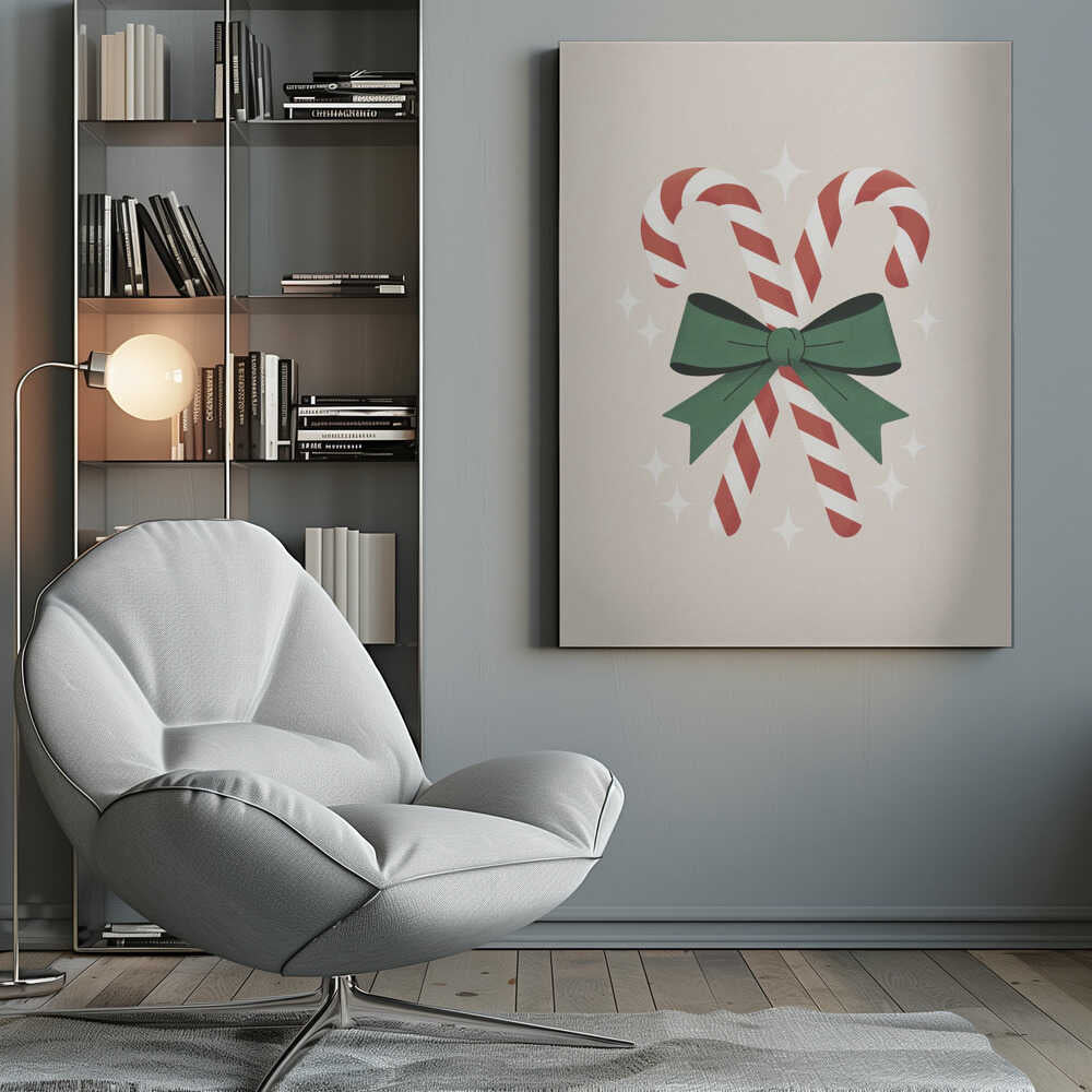 An illustration of two red-and-white striped candy canes crossed and tied together with a large green bow. The background is a soft beige color with small, white, four-pointed star sparkles. The artwork is shown in a black frame. Decor